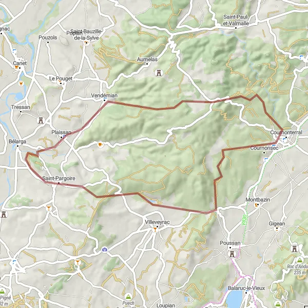 Miniature de la carte de l'inspiration cycliste "Sentier des panoramas du Languedoc" dans la Languedoc-Roussillon, France. Générée par le planificateur d'itinéraire cycliste Tarmacs.app