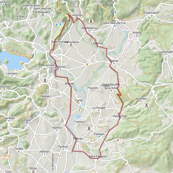 Map miniature of "Challenge in the Hills" cycling inspiration in Languedoc-Roussillon, France. Generated by Tarmacs.app cycling route planner