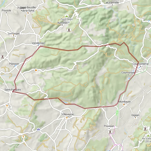 Miniature de la carte de l'inspiration cycliste "Tour des villages médiévaux du Languedoc" dans la Languedoc-Roussillon, France. Générée par le planificateur d'itinéraire cycliste Tarmacs.app