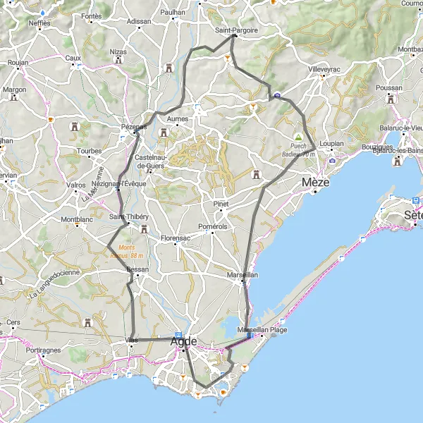 Miniature de la carte de l'inspiration cycliste "Circuit de l'Abbaye de Valmagne" dans la Languedoc-Roussillon, France. Générée par le planificateur d'itinéraire cycliste Tarmacs.app