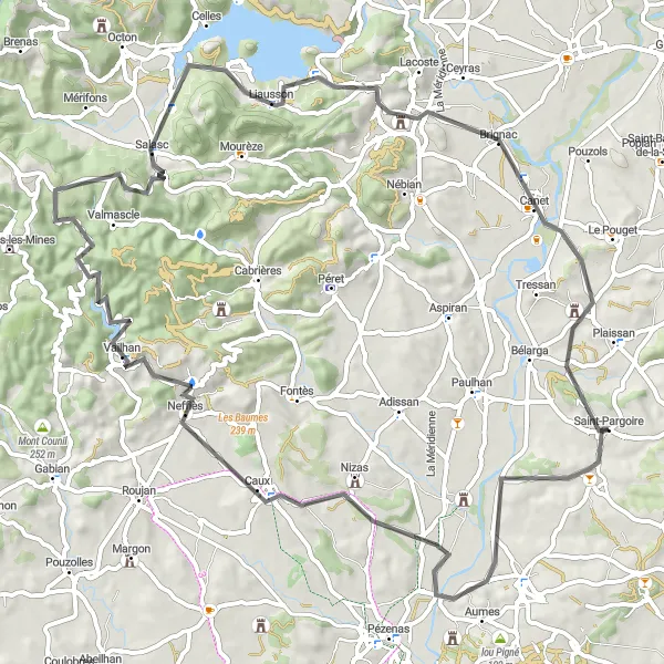 Map miniature of "The Vineyard Circuit" cycling inspiration in Languedoc-Roussillon, France. Generated by Tarmacs.app cycling route planner