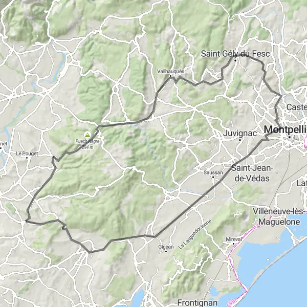 Map miniature of "The Hilltop Adventure" cycling inspiration in Languedoc-Roussillon, France. Generated by Tarmacs.app cycling route planner