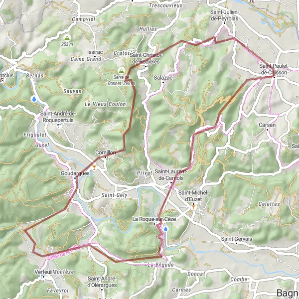 Map miniature of "Gravel adventure through Saint-Laurent-de-Carnols and Goudargues" cycling inspiration in Languedoc-Roussillon, France. Generated by Tarmacs.app cycling route planner