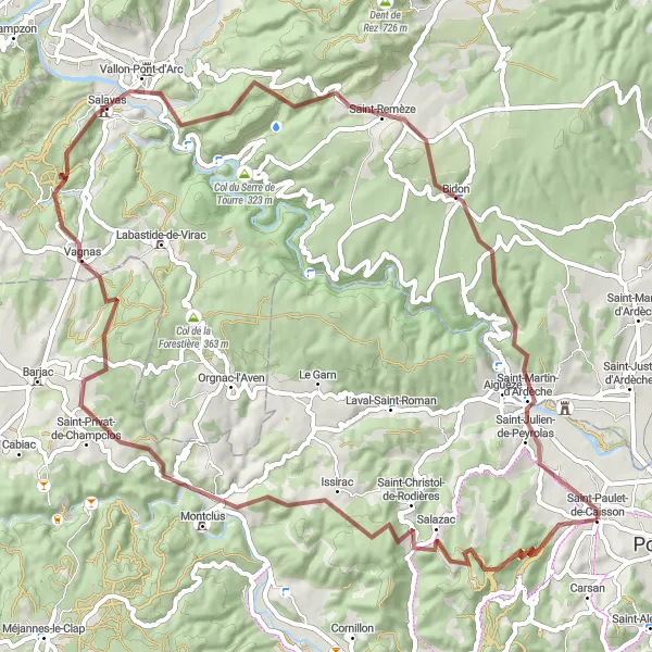 Miniature de la carte de l'inspiration cycliste "Exploration des Routes de Gravel en Ardèche" dans la Languedoc-Roussillon, France. Générée par le planificateur d'itinéraire cycliste Tarmacs.app