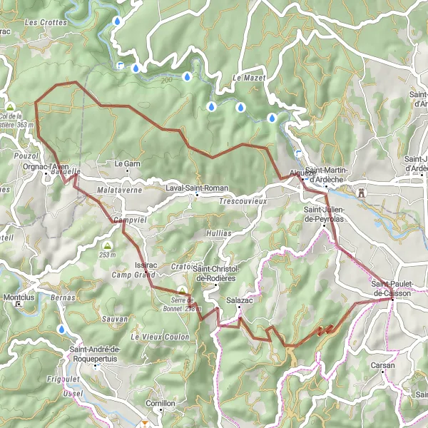 Miniature de la carte de l'inspiration cycliste "Aventure gravel à travers les gorges de l'Ardèche" dans la Languedoc-Roussillon, France. Générée par le planificateur d'itinéraire cycliste Tarmacs.app