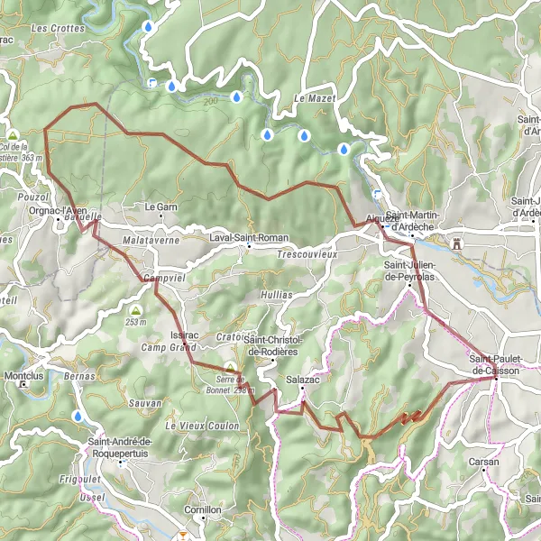 Map miniature of "The Gems of Ardèche" cycling inspiration in Languedoc-Roussillon, France. Generated by Tarmacs.app cycling route planner