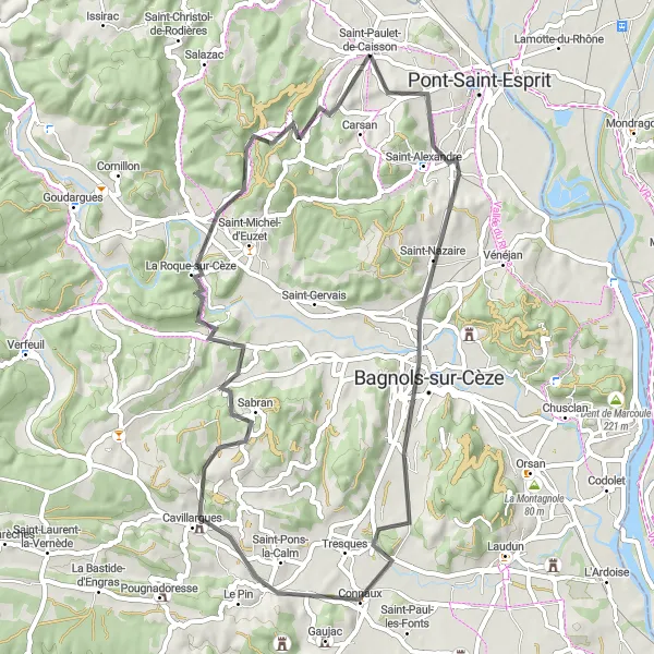 Miniature de la carte de l'inspiration cycliste "Boucle pittoresque à travers la vallée de la Cèze" dans la Languedoc-Roussillon, France. Générée par le planificateur d'itinéraire cycliste Tarmacs.app