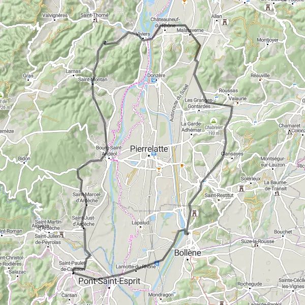 Miniature de la carte de l'inspiration cycliste "Parcours panoramique à travers la vallée du Rhône" dans la Languedoc-Roussillon, France. Générée par le planificateur d'itinéraire cycliste Tarmacs.app