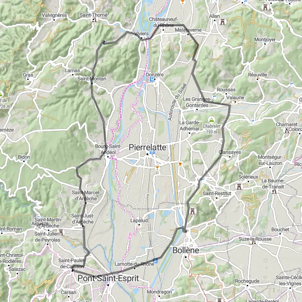 Map miniature of "Tour de Vallon" cycling inspiration in Languedoc-Roussillon, France. Generated by Tarmacs.app cycling route planner