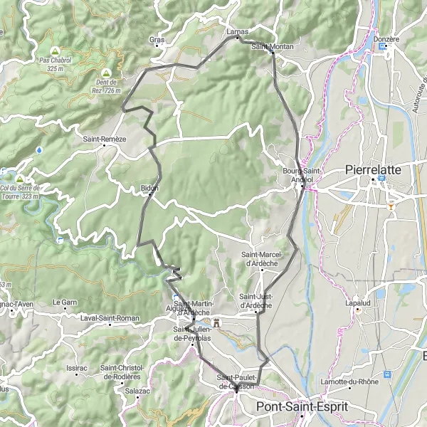 Map miniature of "Saint-Martin-d'Ardèche hill challenge through Bourg-Saint-Andéol" cycling inspiration in Languedoc-Roussillon, France. Generated by Tarmacs.app cycling route planner