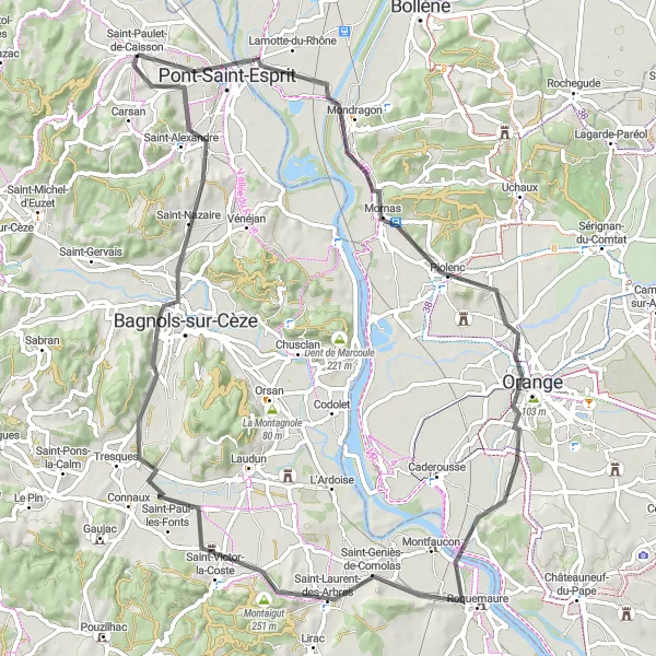 Map miniature of "Discovering Mornas and Bagnols-sur-Cèze by road bike" cycling inspiration in Languedoc-Roussillon, France. Generated by Tarmacs.app cycling route planner