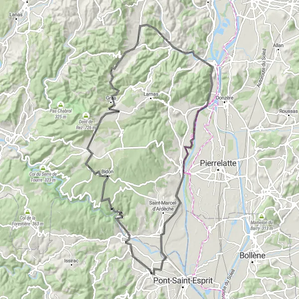 Miniature de la carte de l'inspiration cycliste "Escapade dans le Sud de l'Ardèche" dans la Languedoc-Roussillon, France. Générée par le planificateur d'itinéraire cycliste Tarmacs.app