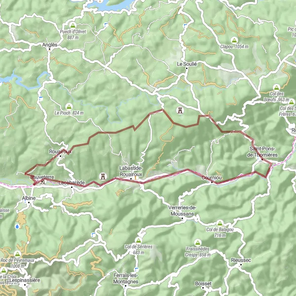 Map miniature of "Gravel Adventures in the Haut-Languedoc" cycling inspiration in Languedoc-Roussillon, France. Generated by Tarmacs.app cycling route planner