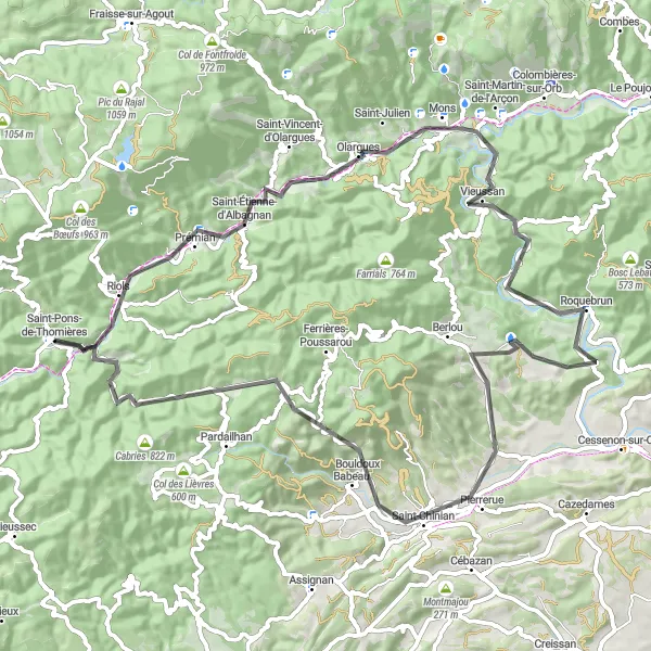 Map miniature of "Saint-Étienne-d'Albagnan Loop" cycling inspiration in Languedoc-Roussillon, France. Generated by Tarmacs.app cycling route planner