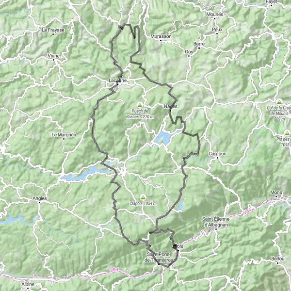 Miniature de la carte de l'inspiration cycliste "Les Monts du Haut-Midi" dans la Languedoc-Roussillon, France. Générée par le planificateur d'itinéraire cycliste Tarmacs.app