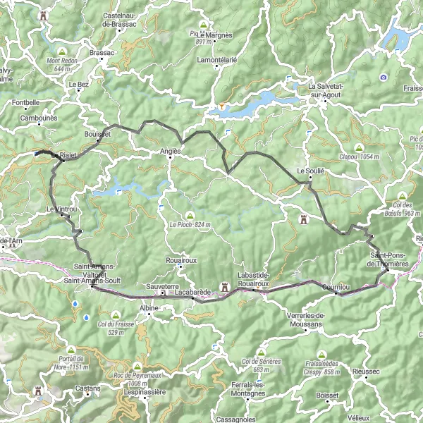 Map miniature of "The Table d'Orientation Adventure" cycling inspiration in Languedoc-Roussillon, France. Generated by Tarmacs.app cycling route planner