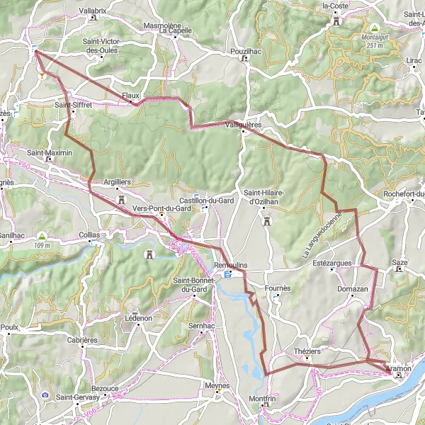 Miniature de la carte de l'inspiration cycliste "Boucle à vélo gravel autour de Saint-Quentin-la-Poterie" dans la Languedoc-Roussillon, France. Générée par le planificateur d'itinéraire cycliste Tarmacs.app