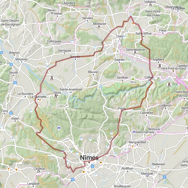 Map miniature of "Collias and Nimes Gravel Adventure" cycling inspiration in Languedoc-Roussillon, France. Generated by Tarmacs.app cycling route planner