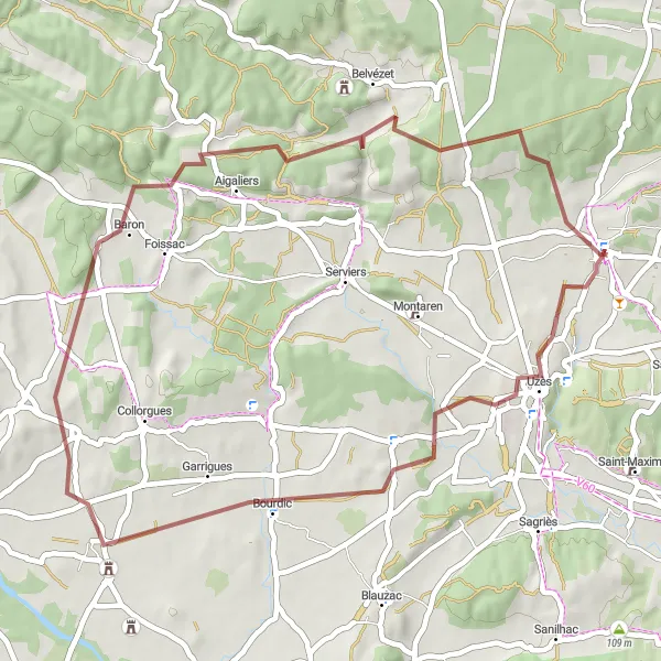 Map miniature of "Baron and Saint-Chaptes Gravel Loop" cycling inspiration in Languedoc-Roussillon, France. Generated by Tarmacs.app cycling route planner