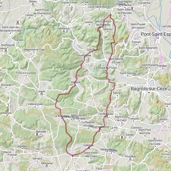 Miniature de la carte de l'inspiration cycliste "Aventure en gravel à travers les villages du Gard" dans la Languedoc-Roussillon, France. Générée par le planificateur d'itinéraire cycliste Tarmacs.app
