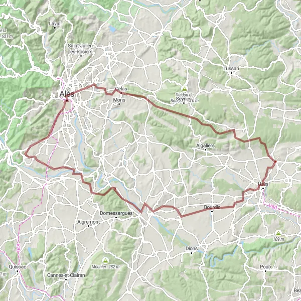 Miniature de la carte de l'inspiration cycliste "Les Collines du Gardon en Gravel" dans la Languedoc-Roussillon, France. Générée par le planificateur d'itinéraire cycliste Tarmacs.app