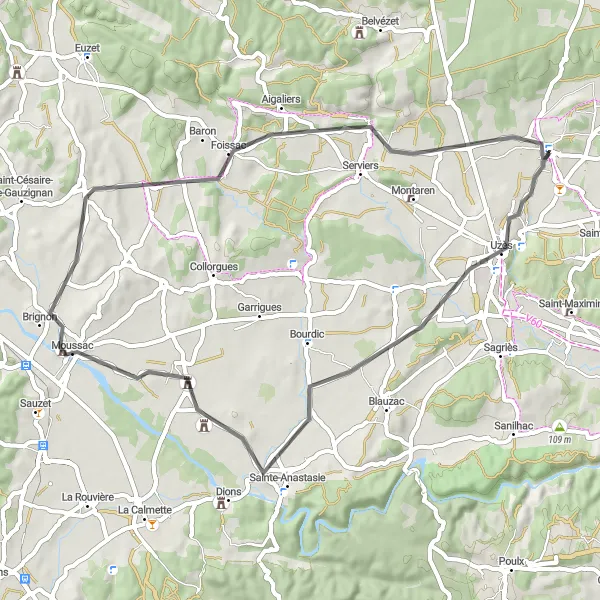Miniature de la carte de l'inspiration cycliste "Les Villages Authentiques de l'Uzège en Route" dans la Languedoc-Roussillon, France. Générée par le planificateur d'itinéraire cycliste Tarmacs.app