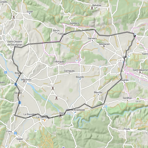 Miniature de la carte de l'inspiration cycliste "Parcours pittoresque autour d'Uzès" dans la Languedoc-Roussillon, France. Générée par le planificateur d'itinéraire cycliste Tarmacs.app
