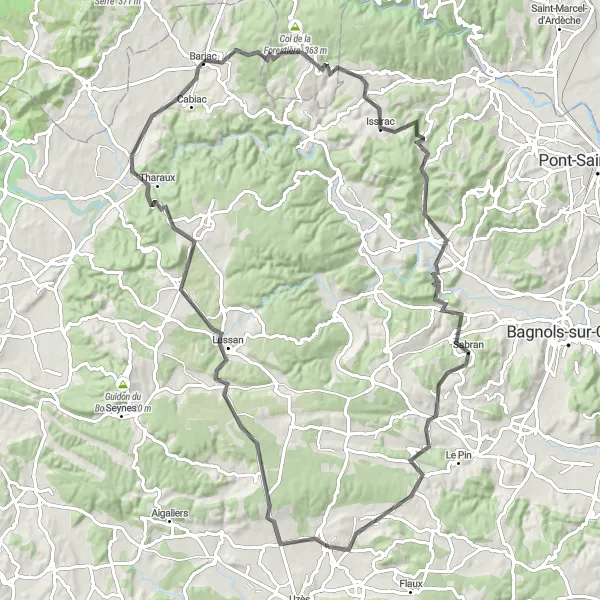 Miniature de la carte de l'inspiration cycliste "La Boucle des Cévennes en Route" dans la Languedoc-Roussillon, France. Générée par le planificateur d'itinéraire cycliste Tarmacs.app