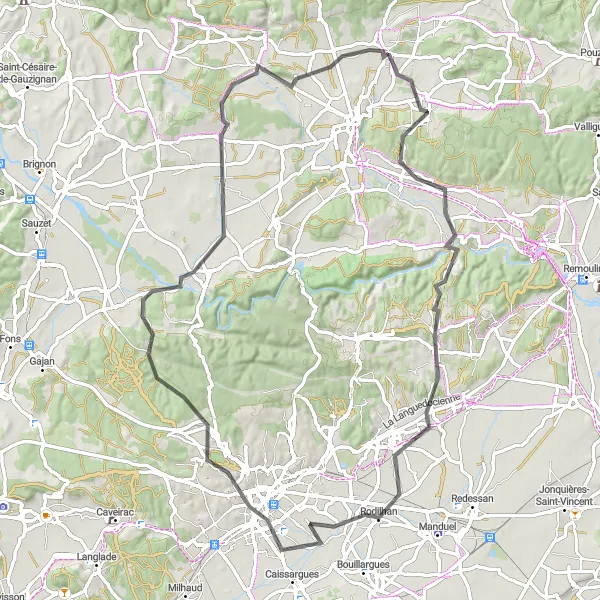 Miniature de la carte de l'inspiration cycliste "Boucle panoramique à travers les villages du Gard" dans la Languedoc-Roussillon, France. Générée par le planificateur d'itinéraire cycliste Tarmacs.app