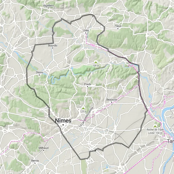 Miniature de la carte de l'inspiration cycliste "Escapade à vélo à travers les villages du Gard" dans la Languedoc-Roussillon, France. Générée par le planificateur d'itinéraire cycliste Tarmacs.app