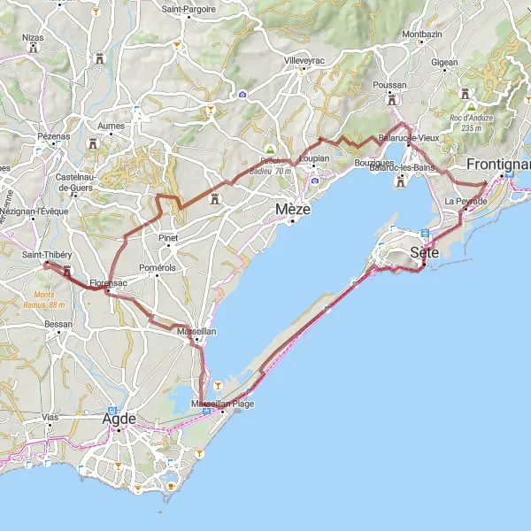 Miniature de la carte de l'inspiration cycliste "L'Escapade dans les Vignobles" dans la Languedoc-Roussillon, France. Générée par le planificateur d'itinéraire cycliste Tarmacs.app