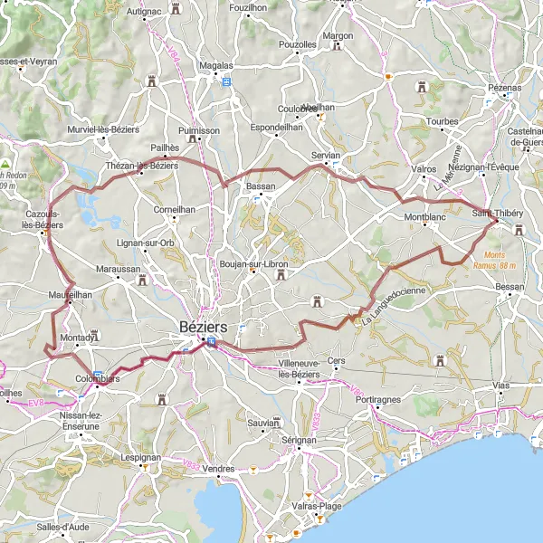Miniature de la carte de l'inspiration cycliste "Le Tour des Écluses et des Châteaux" dans la Languedoc-Roussillon, France. Générée par le planificateur d'itinéraire cycliste Tarmacs.app