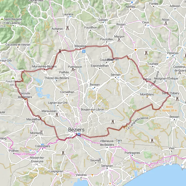 Miniature de la carte de l'inspiration cycliste "Aventure Naturelle Gravel" dans la Languedoc-Roussillon, France. Générée par le planificateur d'itinéraire cycliste Tarmacs.app