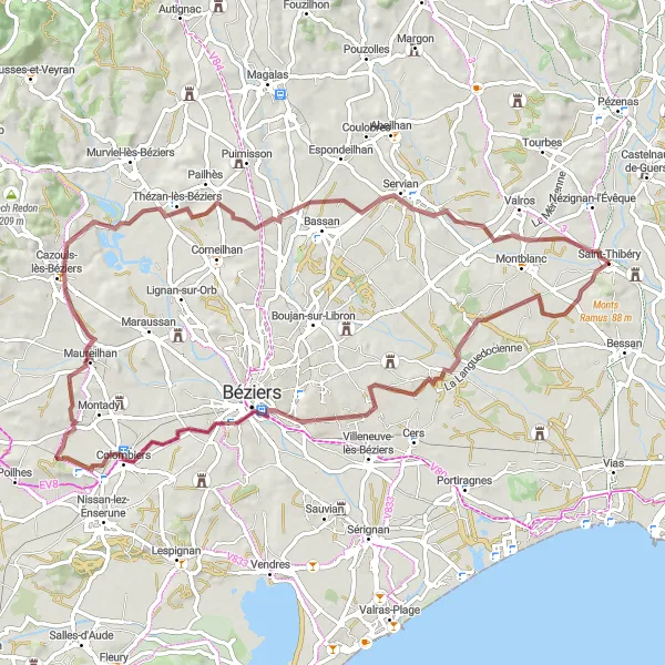 Map miniature of "Discovering Hidden Gems" cycling inspiration in Languedoc-Roussillon, France. Generated by Tarmacs.app cycling route planner