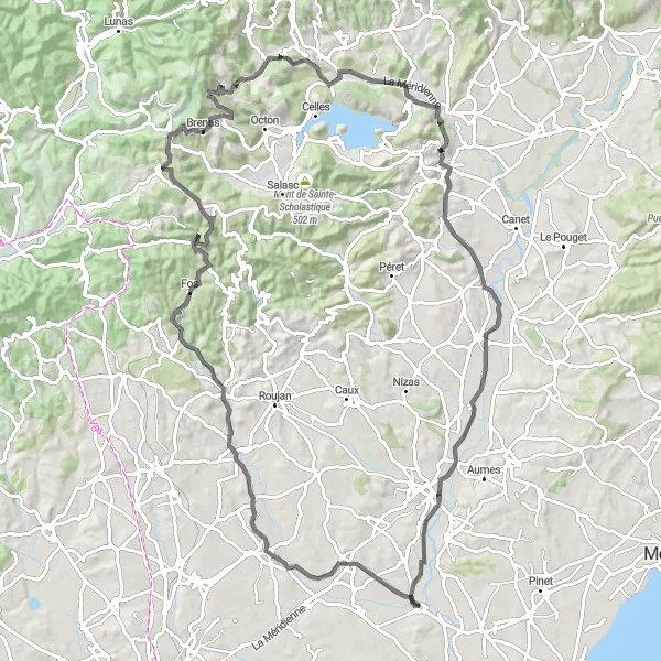 Miniature de la carte de l'inspiration cycliste "Le Défi de l'Ascension Montagnarde" dans la Languedoc-Roussillon, France. Générée par le planificateur d'itinéraire cycliste Tarmacs.app