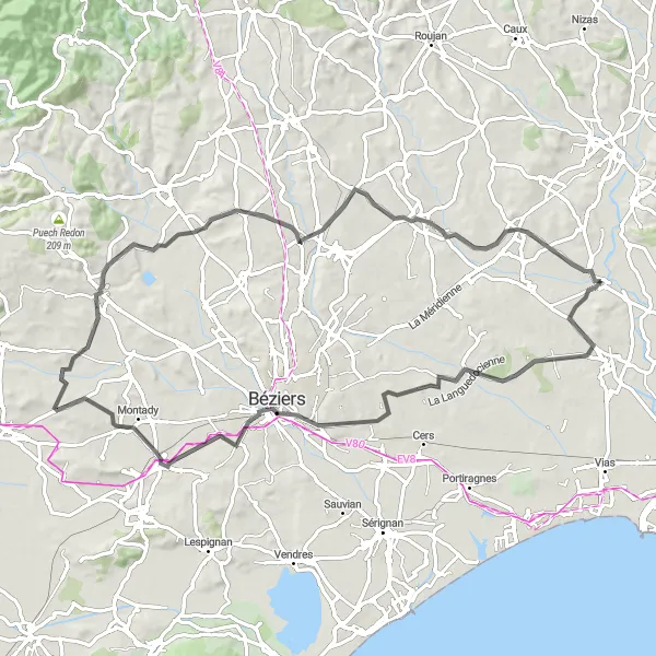 Miniature de la carte de l'inspiration cycliste "Charme du Paysage et du Patrimoine" dans la Languedoc-Roussillon, France. Générée par le planificateur d'itinéraire cycliste Tarmacs.app