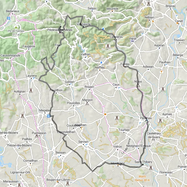 Map miniature of "Challenge in the Hills" cycling inspiration in Languedoc-Roussillon, France. Generated by Tarmacs.app cycling route planner