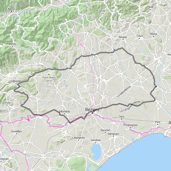 Map miniature of "Scenic Road Cycling" cycling inspiration in Languedoc-Roussillon, France. Generated by Tarmacs.app cycling route planner