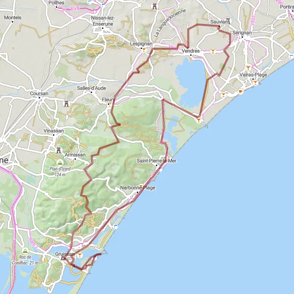 Miniature de la carte de l'inspiration cycliste "Randonnée aventure de Sauvian à Gruissan" dans la Languedoc-Roussillon, France. Générée par le planificateur d'itinéraire cycliste Tarmacs.app
