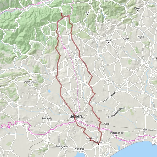 Map miniature of "Gravel Adventure: Exploring Béziers Countryside" cycling inspiration in Languedoc-Roussillon, France. Generated by Tarmacs.app cycling route planner