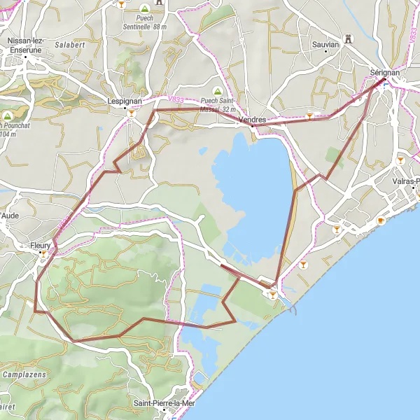 Map miniature of "Sauvian Gravel Cycling Route" cycling inspiration in Languedoc-Roussillon, France. Generated by Tarmacs.app cycling route planner