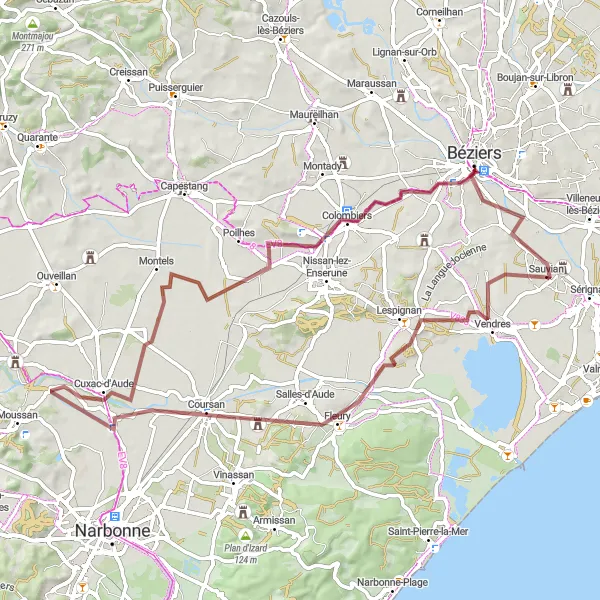 Map miniature of "Sauvian Gravel Cycling Route" cycling inspiration in Languedoc-Roussillon, France. Generated by Tarmacs.app cycling route planner