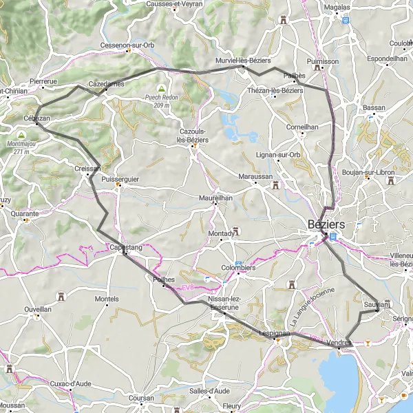 Map miniature of "Vendres and Beyond" cycling inspiration in Languedoc-Roussillon, France. Generated by Tarmacs.app cycling route planner