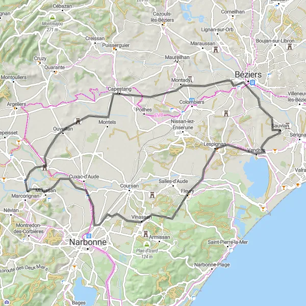 Miniature de la carte de l'inspiration cycliste "Béziers - Capestang Road Cycling Adventure" dans la Languedoc-Roussillon, France. Générée par le planificateur d'itinéraire cycliste Tarmacs.app