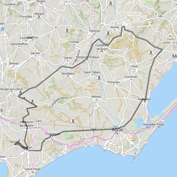 Miniature de la carte de l'inspiration cycliste "Circuit panoramique de Sauvian à Agde" dans la Languedoc-Roussillon, France. Générée par le planificateur d'itinéraire cycliste Tarmacs.app