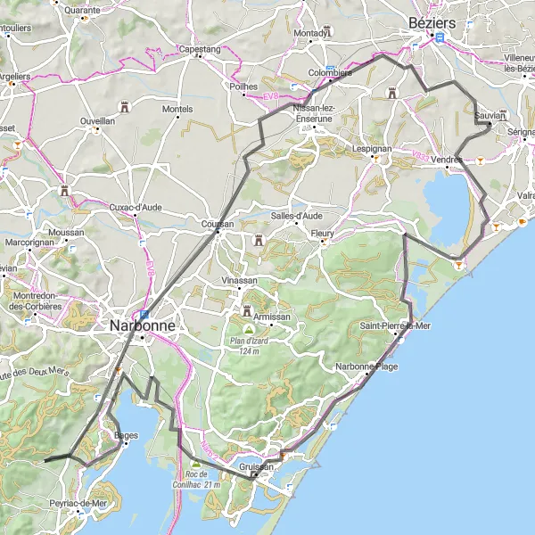 Map miniature of "Sauvian Road Cycling Route" cycling inspiration in Languedoc-Roussillon, France. Generated by Tarmacs.app cycling route planner