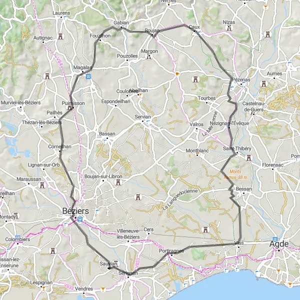 Miniature de la carte de l'inspiration cycliste "Circuit pittoresque de Sauvian à Sérignan" dans la Languedoc-Roussillon, France. Générée par le planificateur d'itinéraire cycliste Tarmacs.app