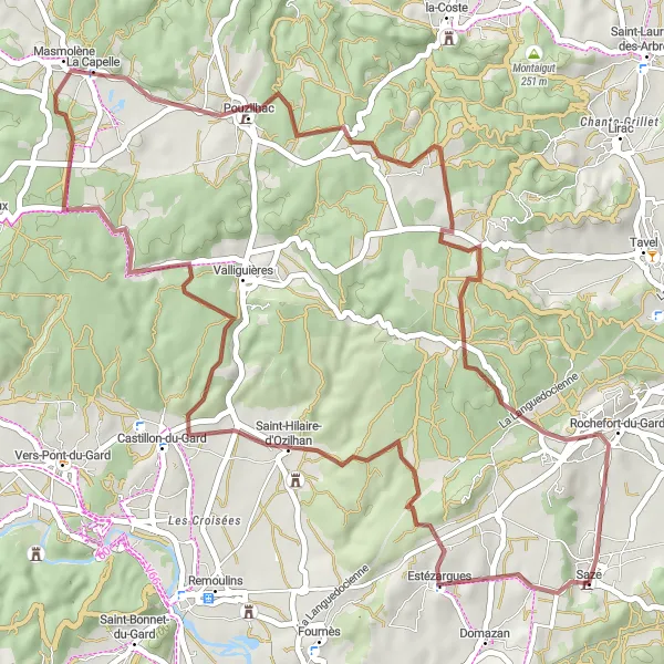 Miniature de la carte de l'inspiration cycliste "Parcours à travers les vignobles" dans la Languedoc-Roussillon, France. Générée par le planificateur d'itinéraire cycliste Tarmacs.app
