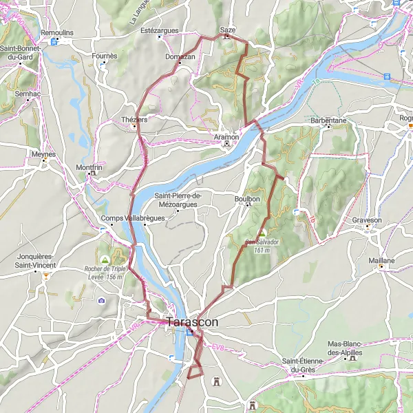 Miniature de la carte de l'inspiration cycliste "La Montagnette et le Pont ancien de Domazan" dans la Languedoc-Roussillon, France. Générée par le planificateur d'itinéraire cycliste Tarmacs.app
