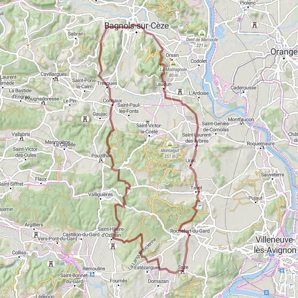 Miniature de la carte de l'inspiration cycliste "Escapade à Saint-Hilaire-d'Ozilhan et Lirac" dans la Languedoc-Roussillon, France. Générée par le planificateur d'itinéraire cycliste Tarmacs.app
